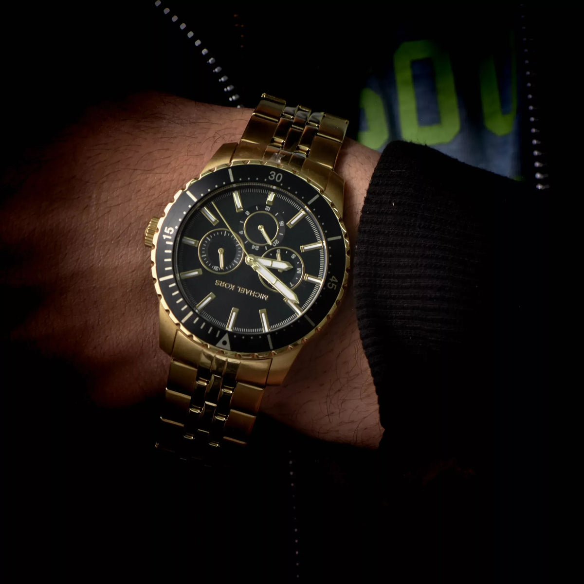 Michael Kors Cunningham Multifunction Black Dial Gold Steel Strap Watch For Men - MK7154