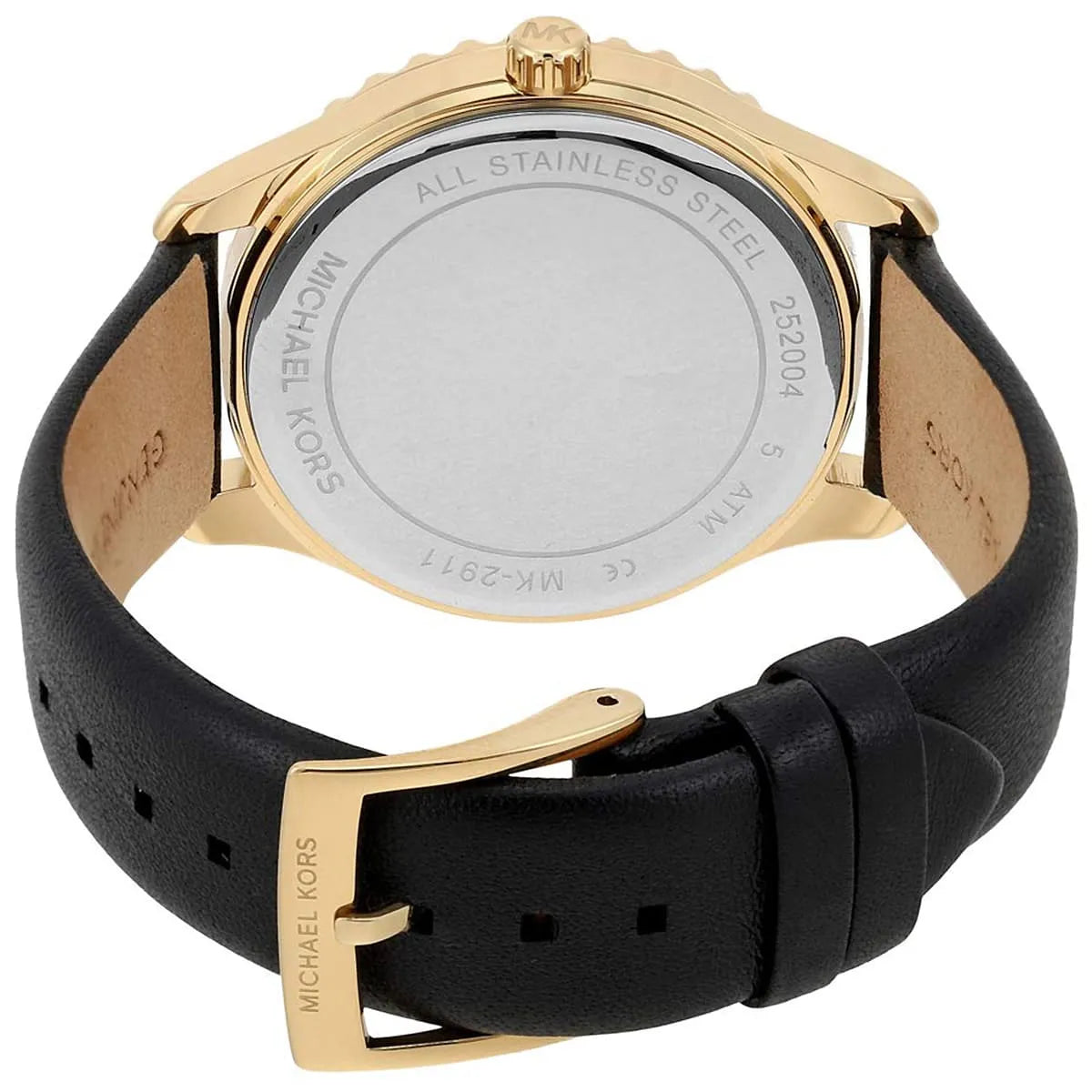 Michael Kors Layton Three Hand Mother of Pearl Black Dial Black Leather Strap Watch For Women - MK2911