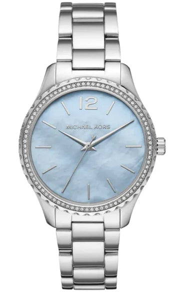 Michael Kors Layton Chronograph Mother of Pearl Blue Dial Silver Steel Strap Watch For Women - MK6847