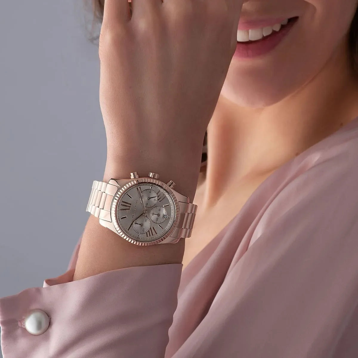 Michael Kors Lexington Chronograph Grey Dial Rose Gold Steel Strap Watch For Women - MK7217