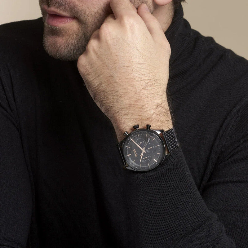Hugo Boss Gregor Chronograph Black Dial Black Mesh Bracelet Watch For Men - 1514065