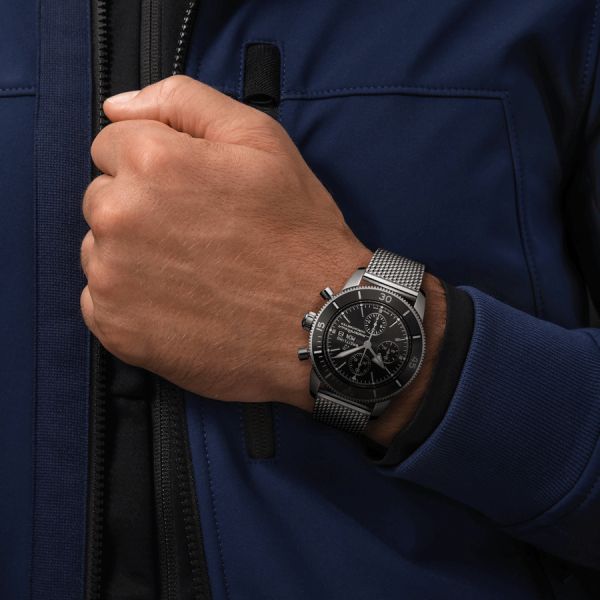 Breitling Superocean Heritage Chronograph 44 Black Dial Silver Mesh Bracelet Watch for Men - A13313121B1A1