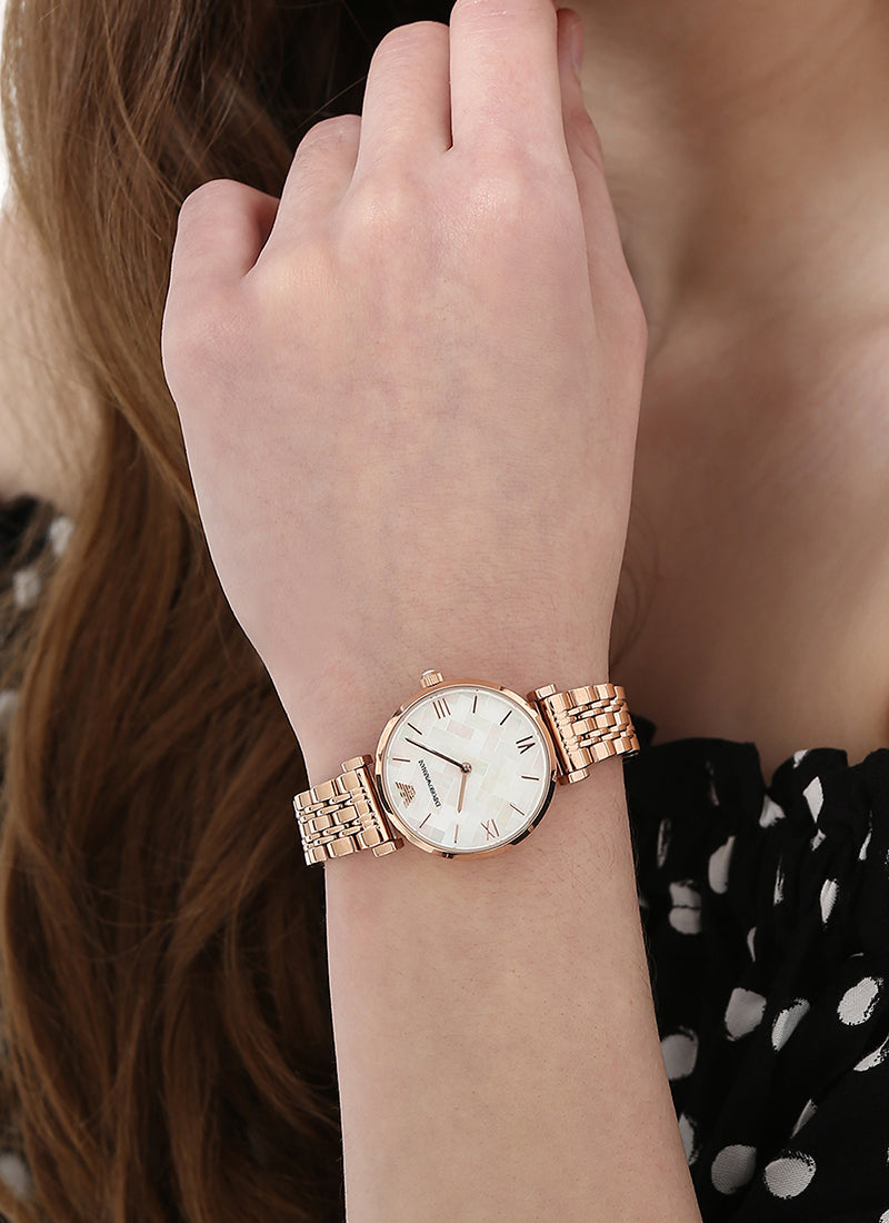 Emporio Armani Mother of Pearl Dial Rose Gold Steel Strap Watch For Women - AR11110