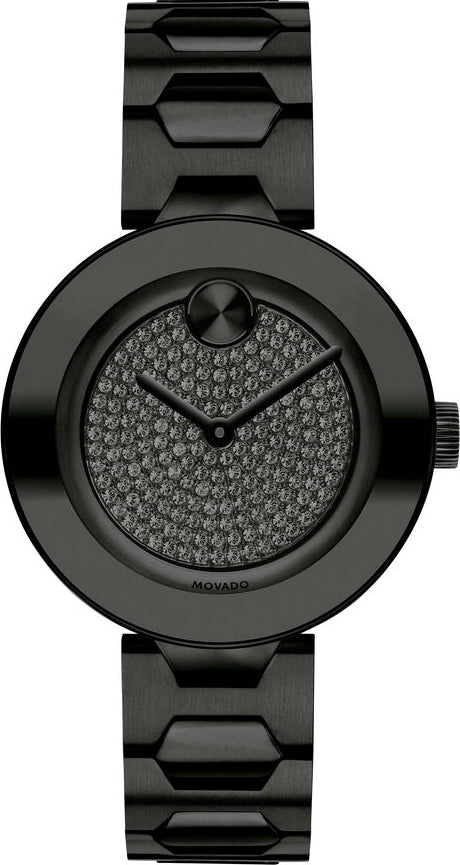 Movado Bold Crystals Black Dial Black Steel Strap Watch for Women - 3600576