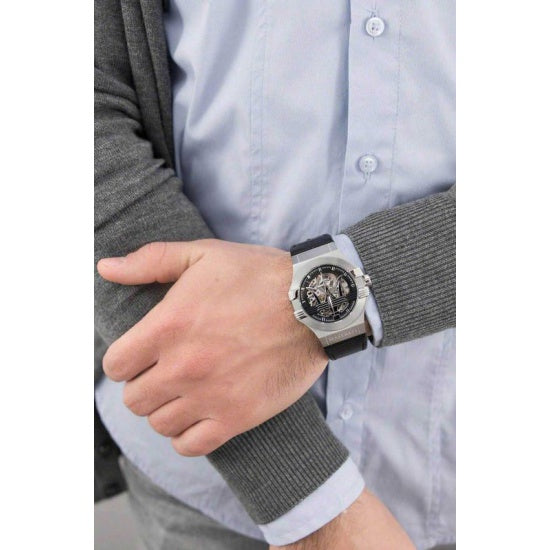 Maserati Potenza Automatic Black Dial Black Leather Strap Watch For Men - R8821108038