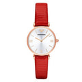 Emporio Armani Gianni T Bar Silver Dial Red Leather Strap Watch For Women - AR1876