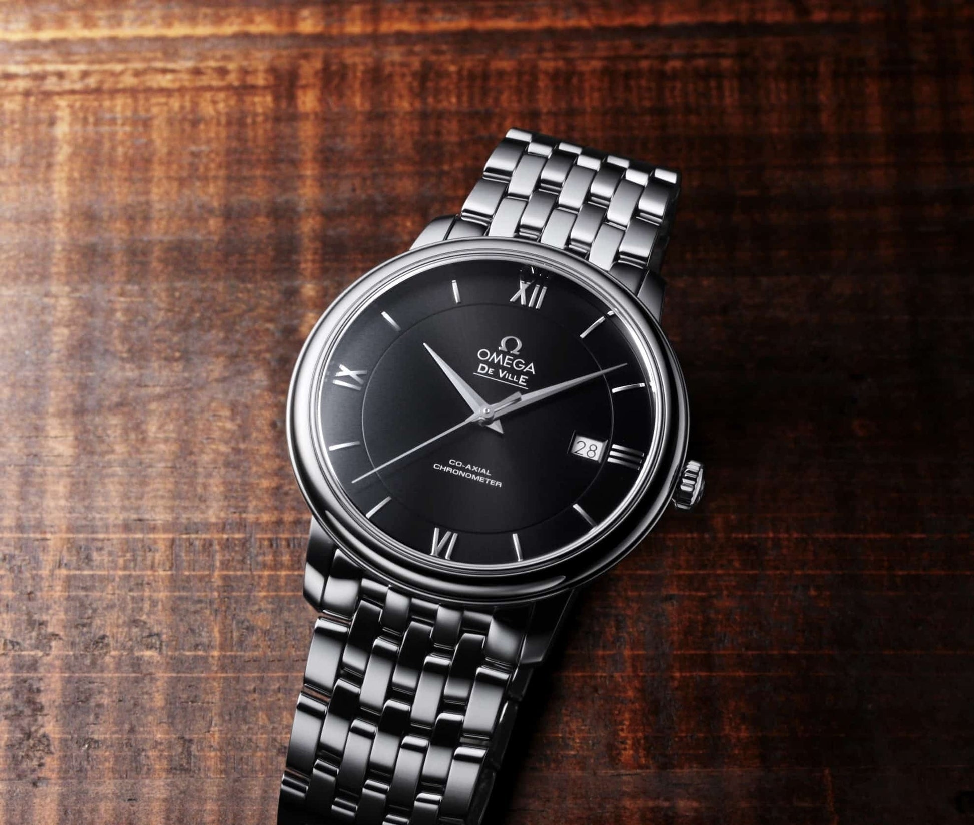 Omega De Ville Prestige Co-Axial Black Dial Silver Steel Strap Watch for Men - 424.10.40.20.01.001