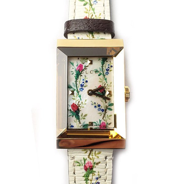 Gucci G-Frame Floral Mother of Pearl Dial White Leather Strap Watch For Women - YA147407