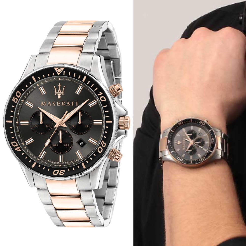 Maserati SFIDA Chronograph Black Dial Two Tone Steel Strap Watch For Men - R8873640002