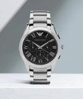 Emporio Armani Valente Chronograph Quartz Black Dial Silver Steel Strap Watch For Men - AR11083