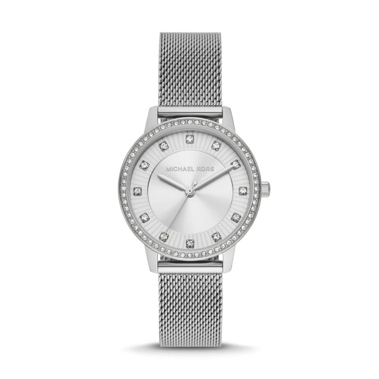 Michael Kors Quartz Crystals White Dial Silver Mesh Strap Watch for Women - MKO1013