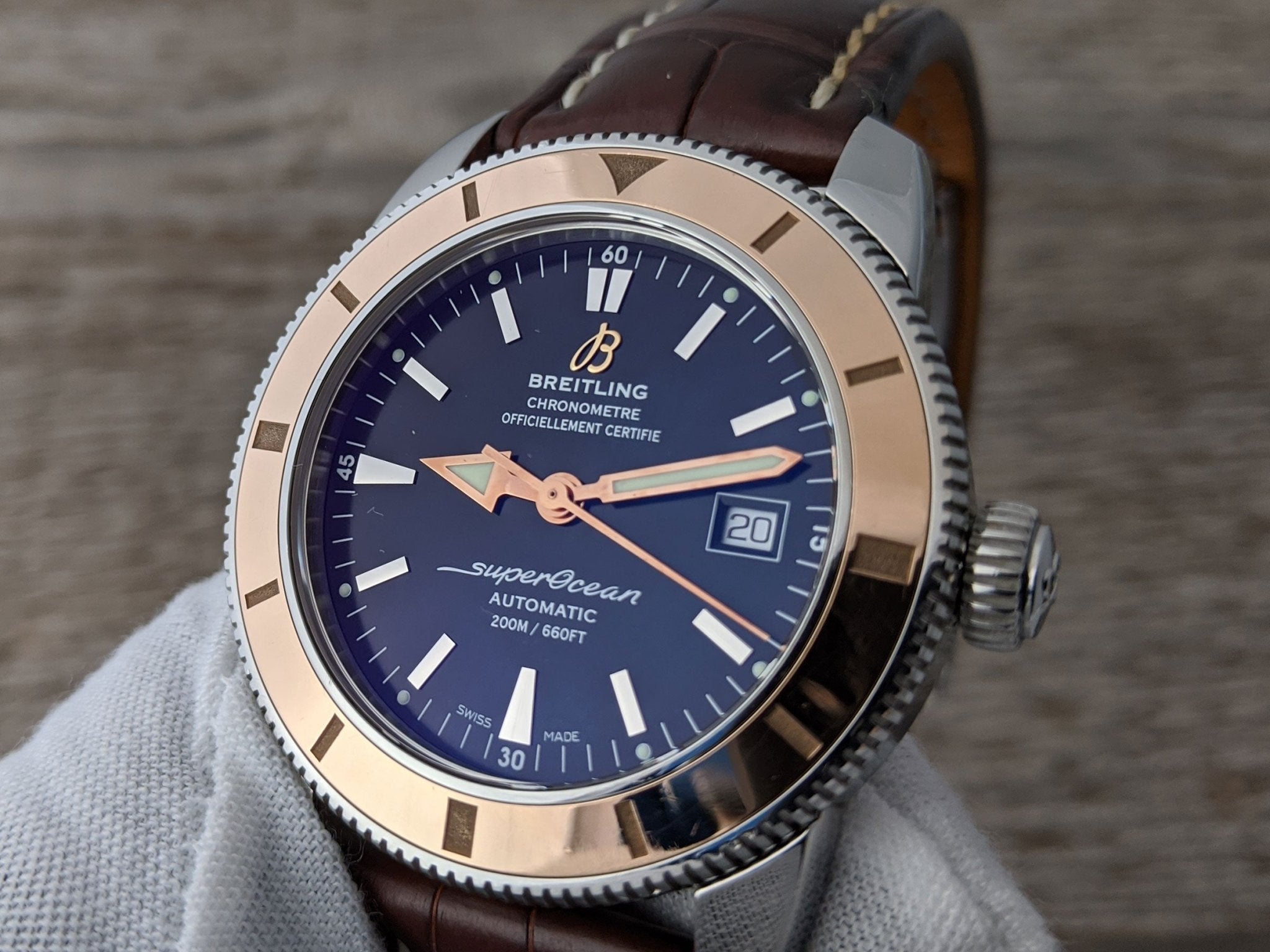 Breitling Superocean Heritage 42mm Rose Gold Chronometer Black Dial Brown Leather Strap Mens Watch - U1732112