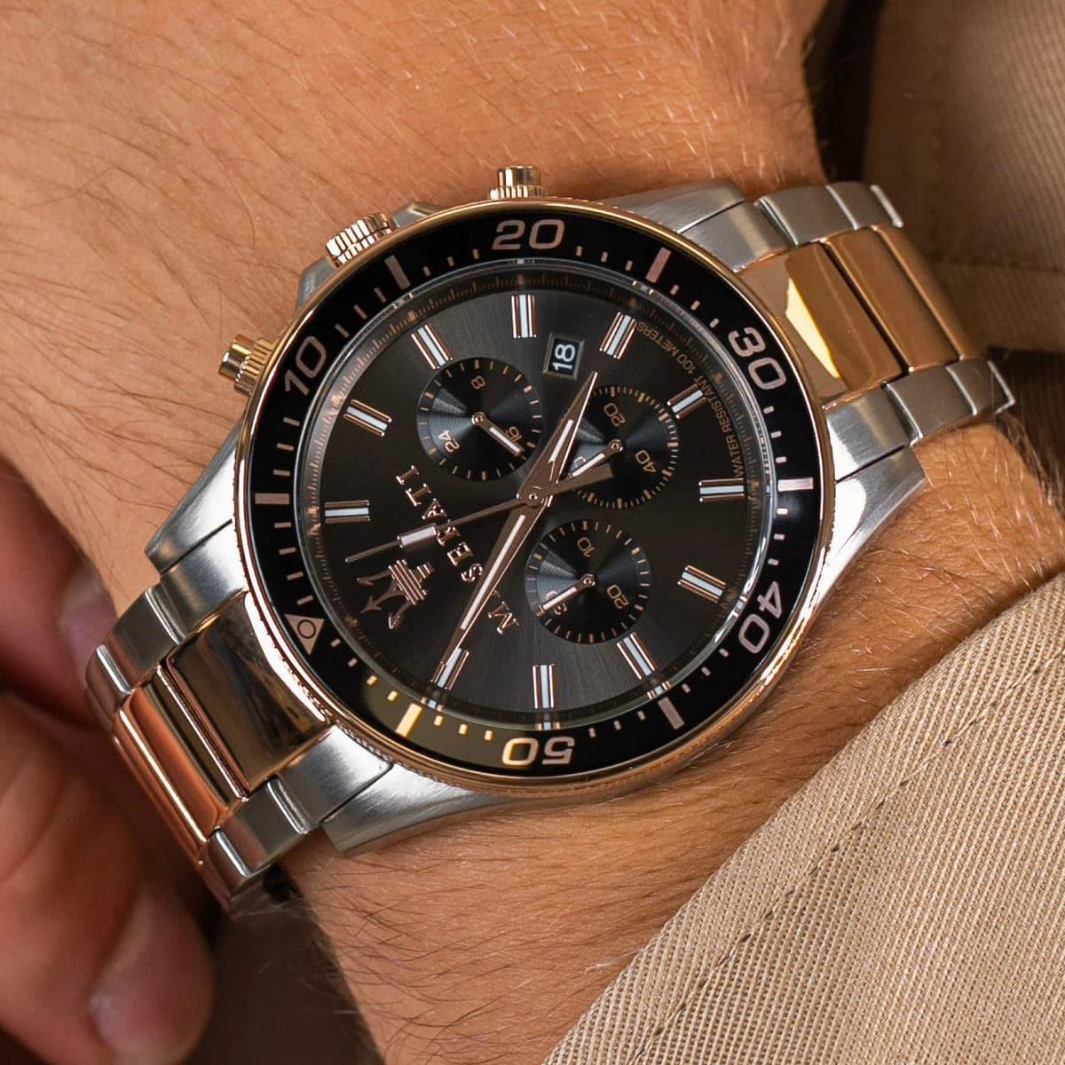 Maserati SFIDA Chronograph Black Dial Two Tone Steel Strap Watch For Men - R8873640002