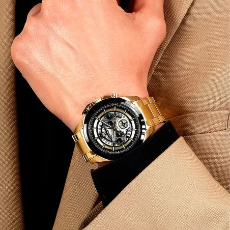 Maserati Traguardo Skeleton Black Dial Gold Steel Strap Watch For Men - R8873612058
