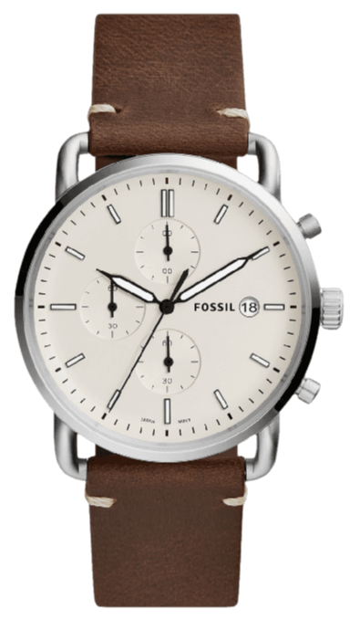 Fossil The Commuter White Dial Brown Leather Strap Watch for Men - FS5402