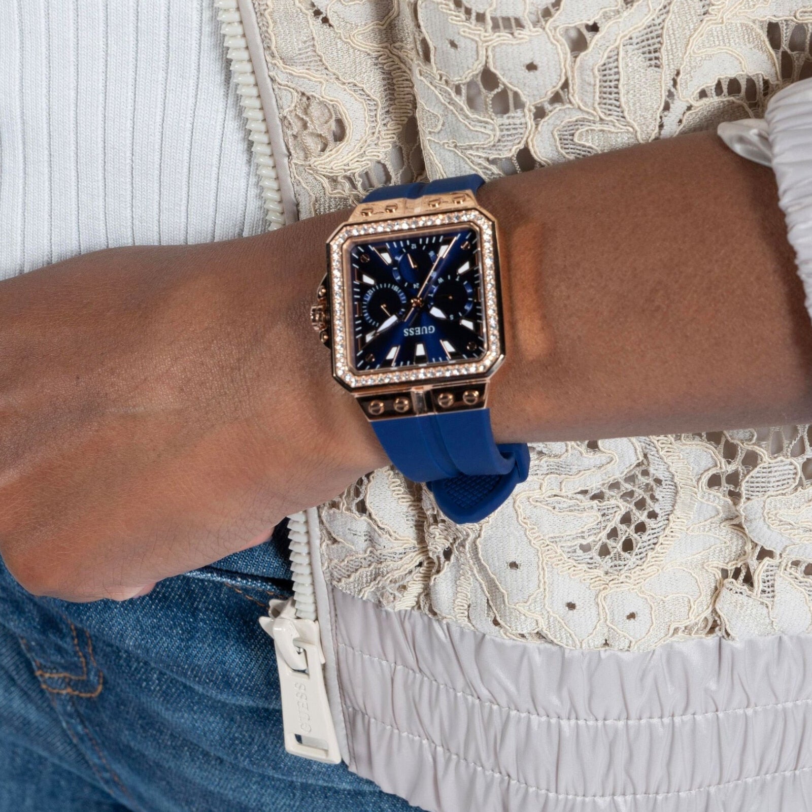 Guess Libra Crystals Blue Dial Blue Silicone Strap Watch For Women - GW0618L2