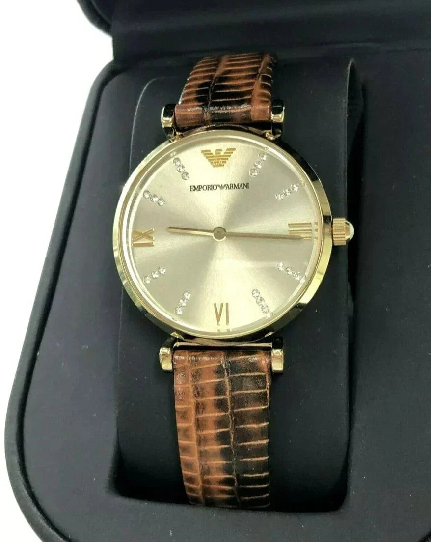 Emporio Armani Gianni T Bar Beige Dial Brown Leather Strap Watch For Women - AR1883