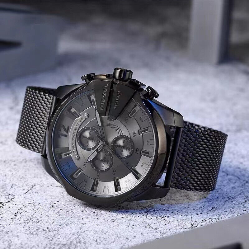 Diesel Mega Chief Chronograph Black Dial Black Mesh Strap Watch For Men - DZ4527