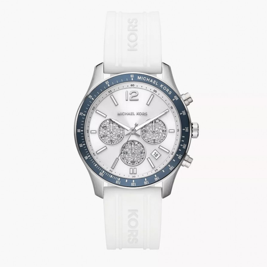 Michael Kors Berkley Chronograph Silver Dial White Rubber Strap Watch For Women  - MKO1040