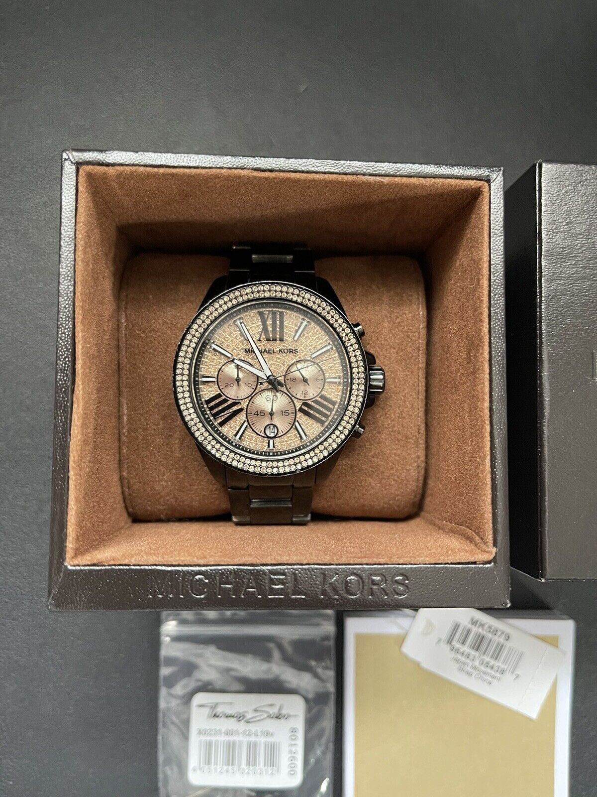 Michael Kors Wren Chronograph Gold Diamonds Dial Black Steel Strap Watch for Women - MK5879