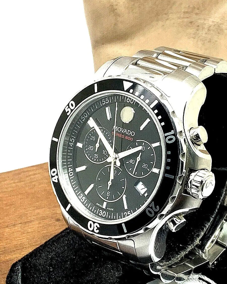 Movado Series 800 Chronograph Black Dial Silver Steel Strap Watch For Men - 2600142