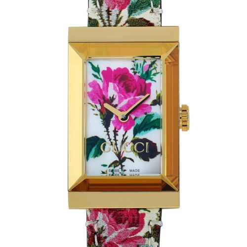 Gucci G-Frame Floral Mother of Pearl Dial White Leather Strap Watch For Women - YA147406