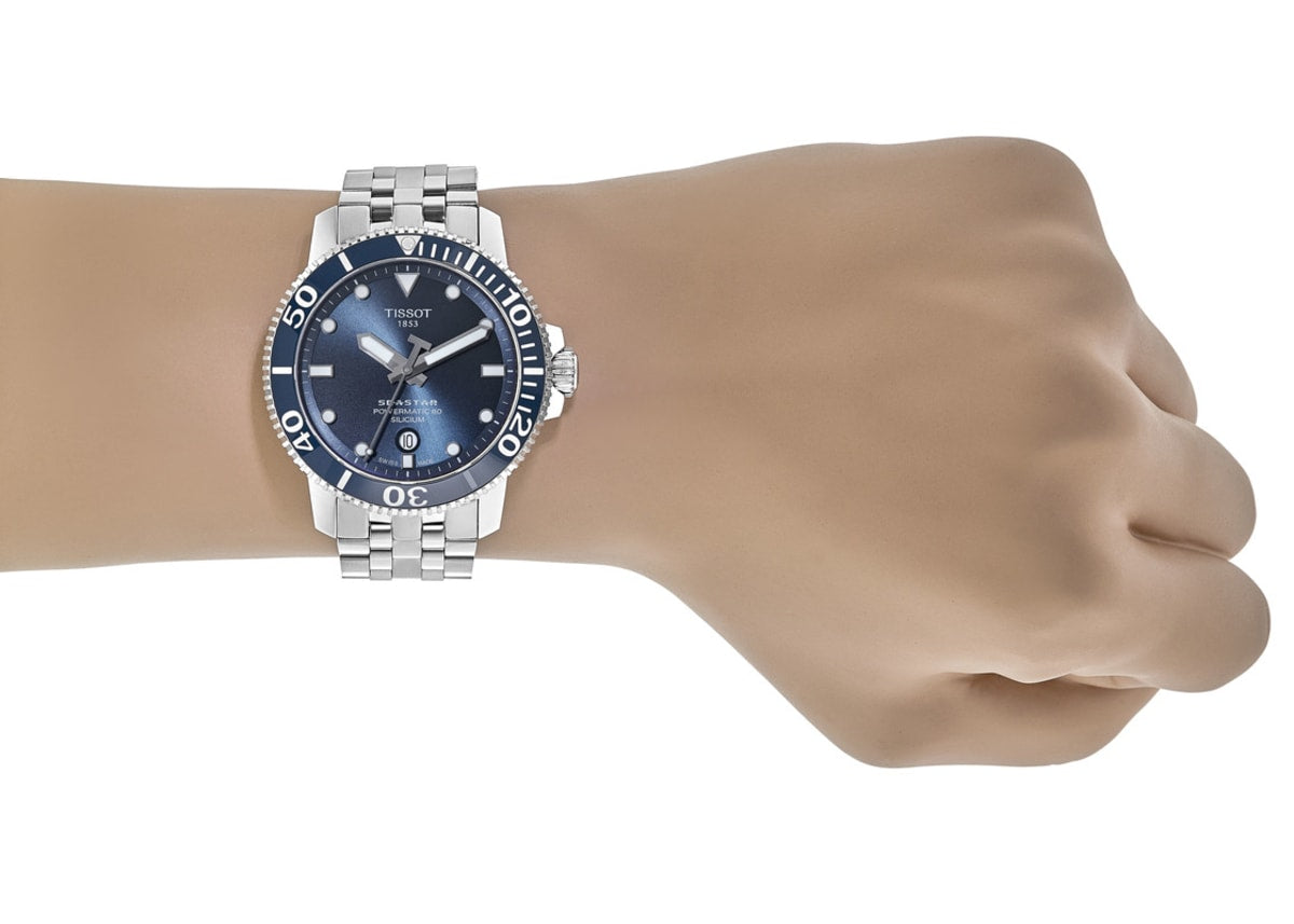 Tissot T Sport Seastar 1000 Powermatic Silicium Blue Dial Silver Steel Strap Watch For Men - T120.407.11.041.01