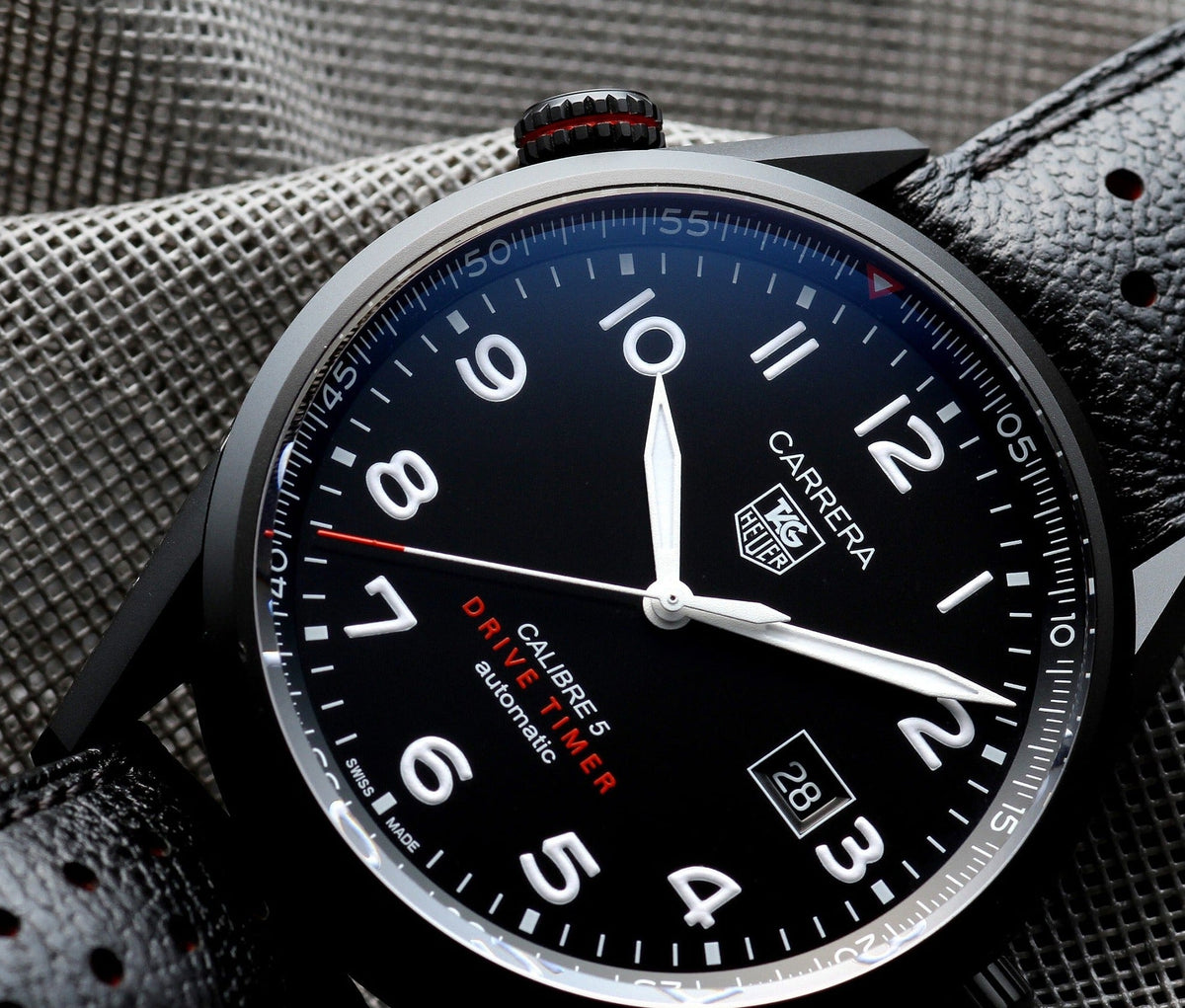 Tag Heuer Carrera Calibre 5 Drive Timer Black Dial Black Leather Strap Watch for Men - WAR2A80.FC6337