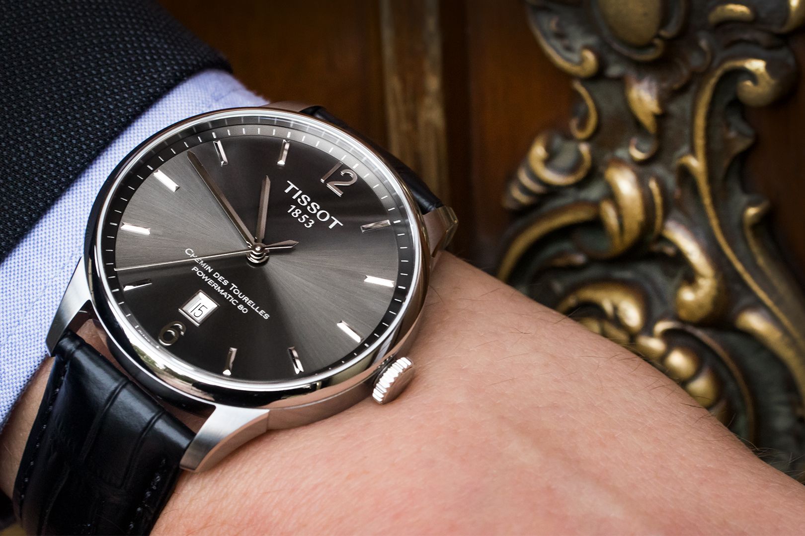 Tissot Chemin Des Tourelles Powermatic 80 Black Dial Black Leather Strap Watch For Men - T099.407.16.447.00