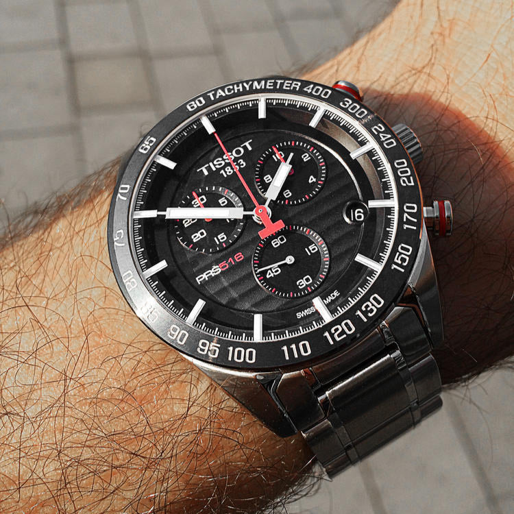 Tissot T Sport PRS 516 Chronograph Black Dial Silver Steel Strap Watch For Men - T100.417.11.051.01
