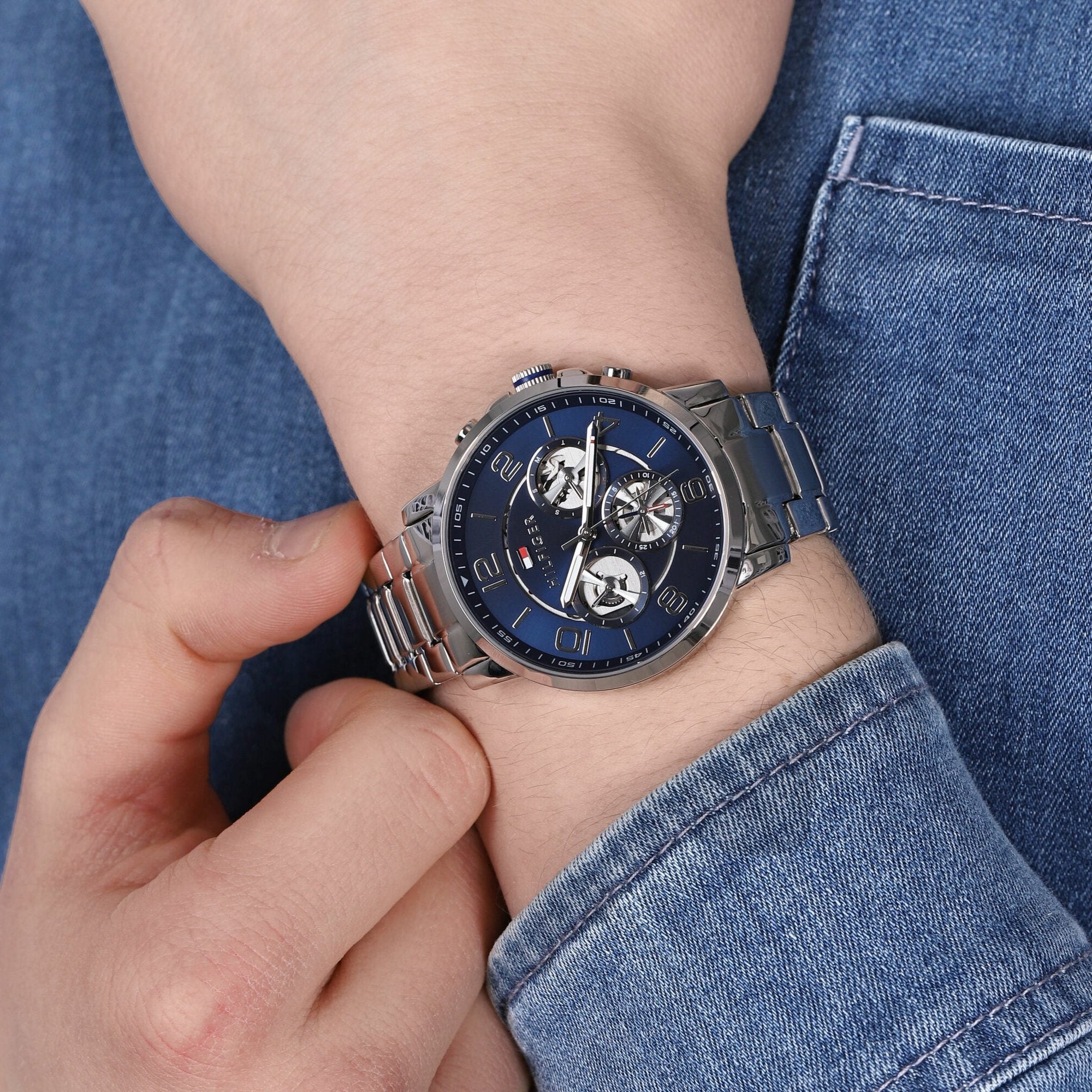 Tommy Hilfiger Keagan Blue Dial Silver Steel Strap Watch for Men - 1791293