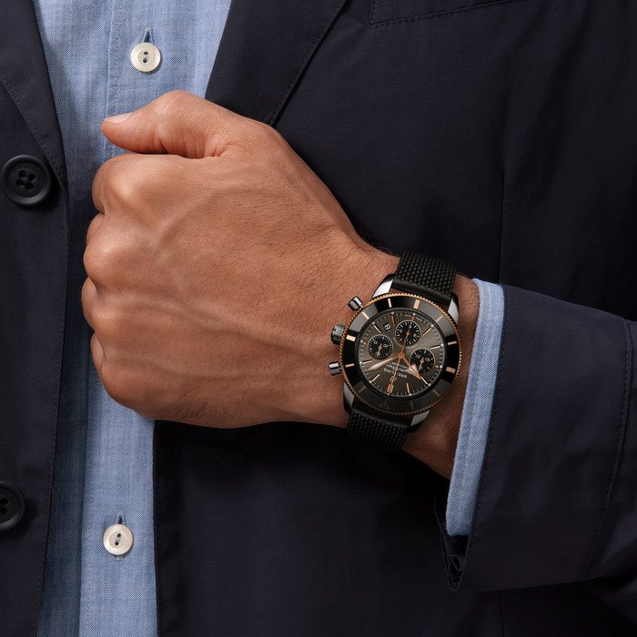 Breitling Superocean Heritage B01 Chronograph 44 Black Dial Black Mesh Bracelet Watch for Men - UB01621A1M1S1