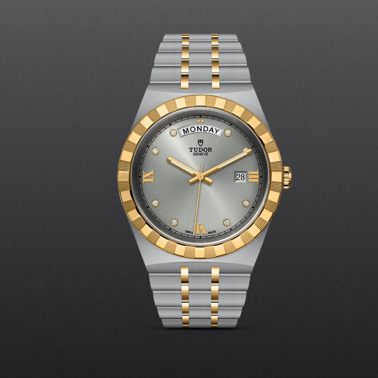 Tudor Royal Diamonds Automatic Grey Dial Two Tone Steel Strap Watch for Men - M28603-0002