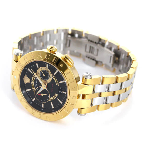 Versace V-Race Quartz Black Dial Gold Steel Strap Watch For Men - VEBV00519