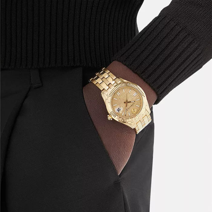 Versace Greca Time Quartz Gold Dial Gold Steel Strap Watch For Men - VE3K00522