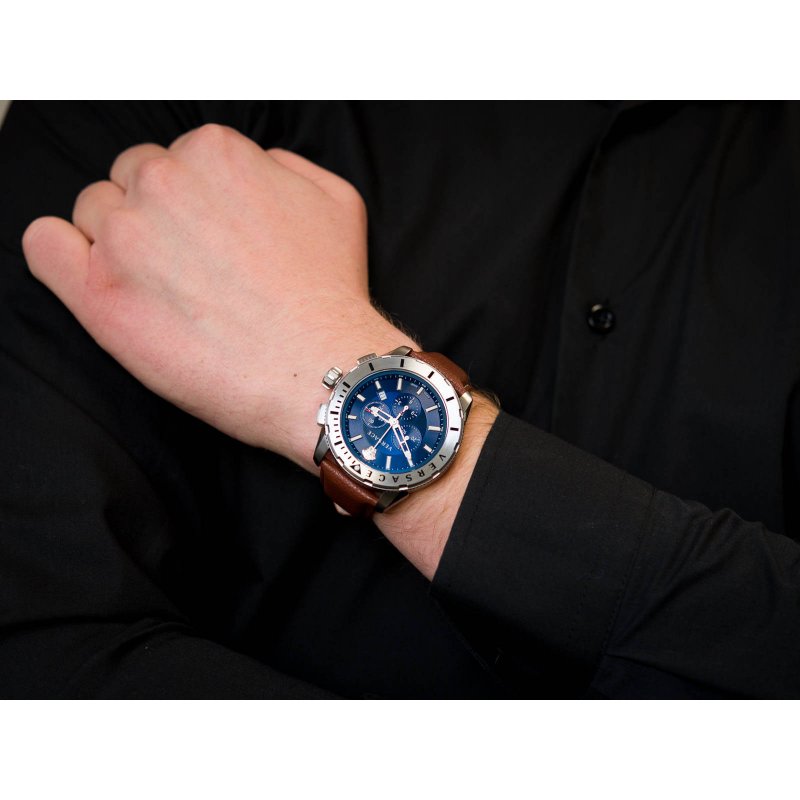 Versace Casual Chronograph Blue Dial Brown Leather Strap Watch for Men - VERG002-18