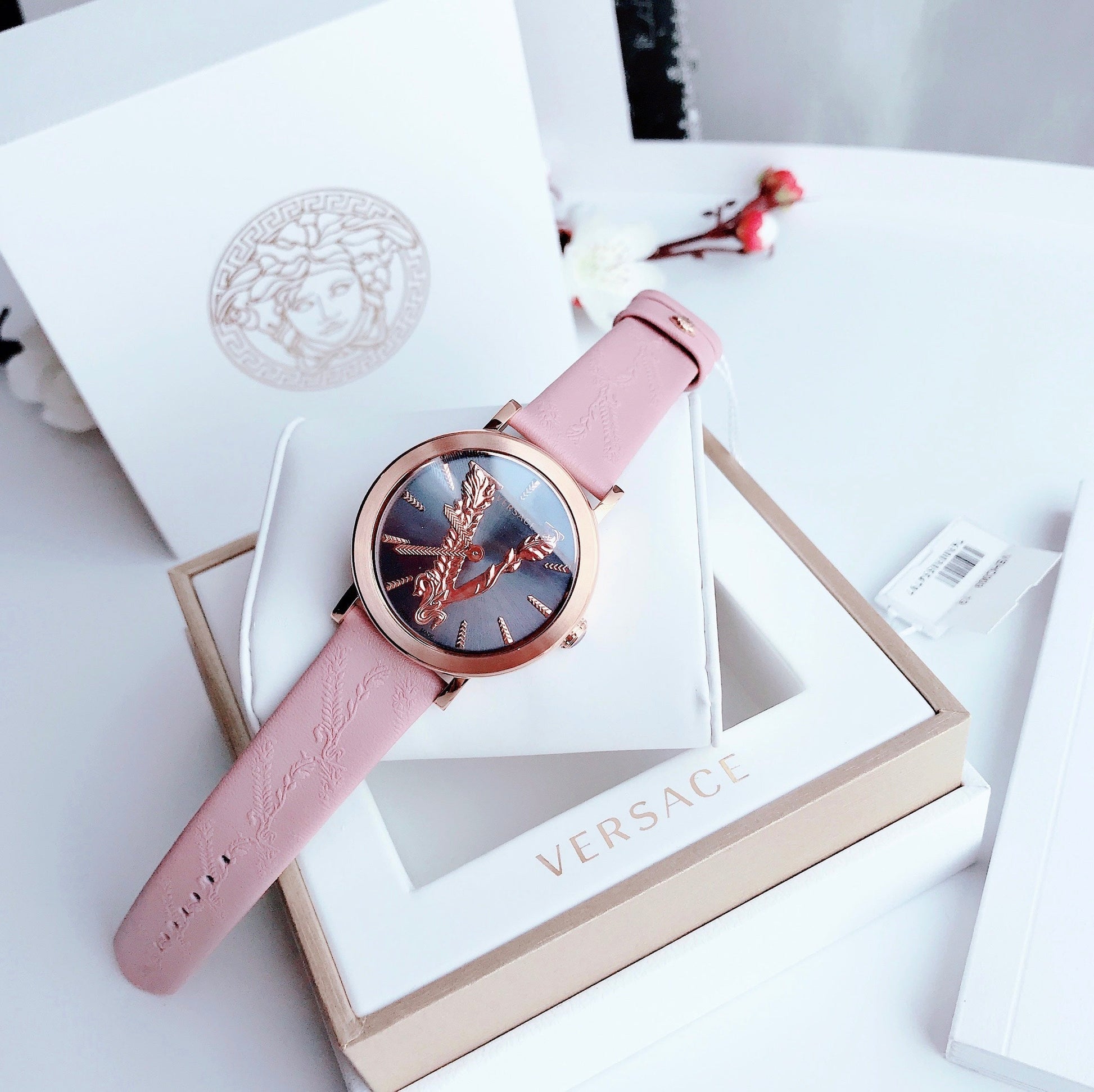 Versace Virtus Quartz Grey Dial Pink Leather Strap Watch for Women - VEHC00319