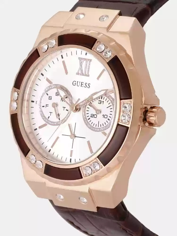 Guess Limelight Analog White Dial Brown Leather Strap Watch For Women - W0775l14