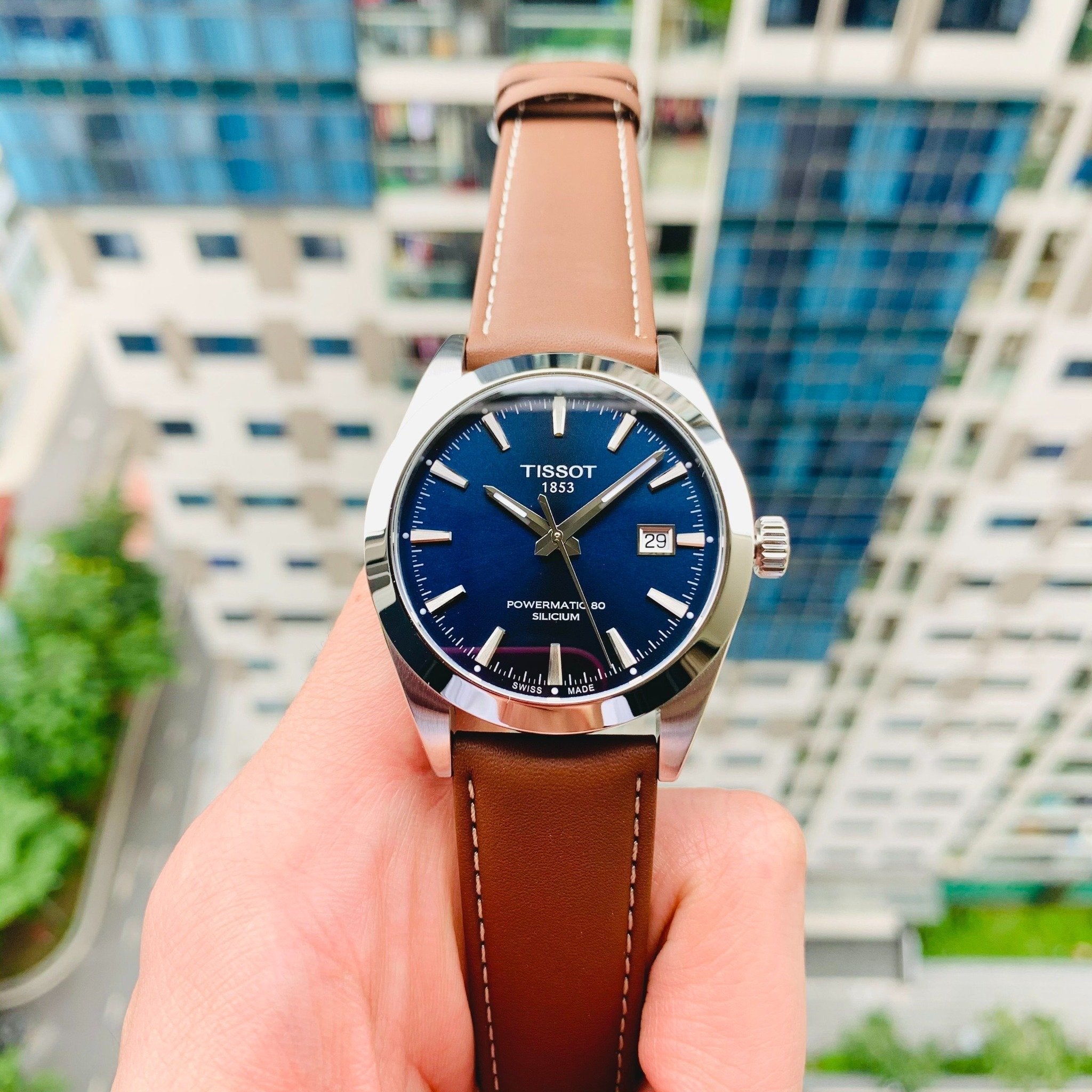 Tissot Gentleman Powermatic 80 Silicium Blue Dial Brown Leather Strap Watch For Men - T127.407.16.041.00