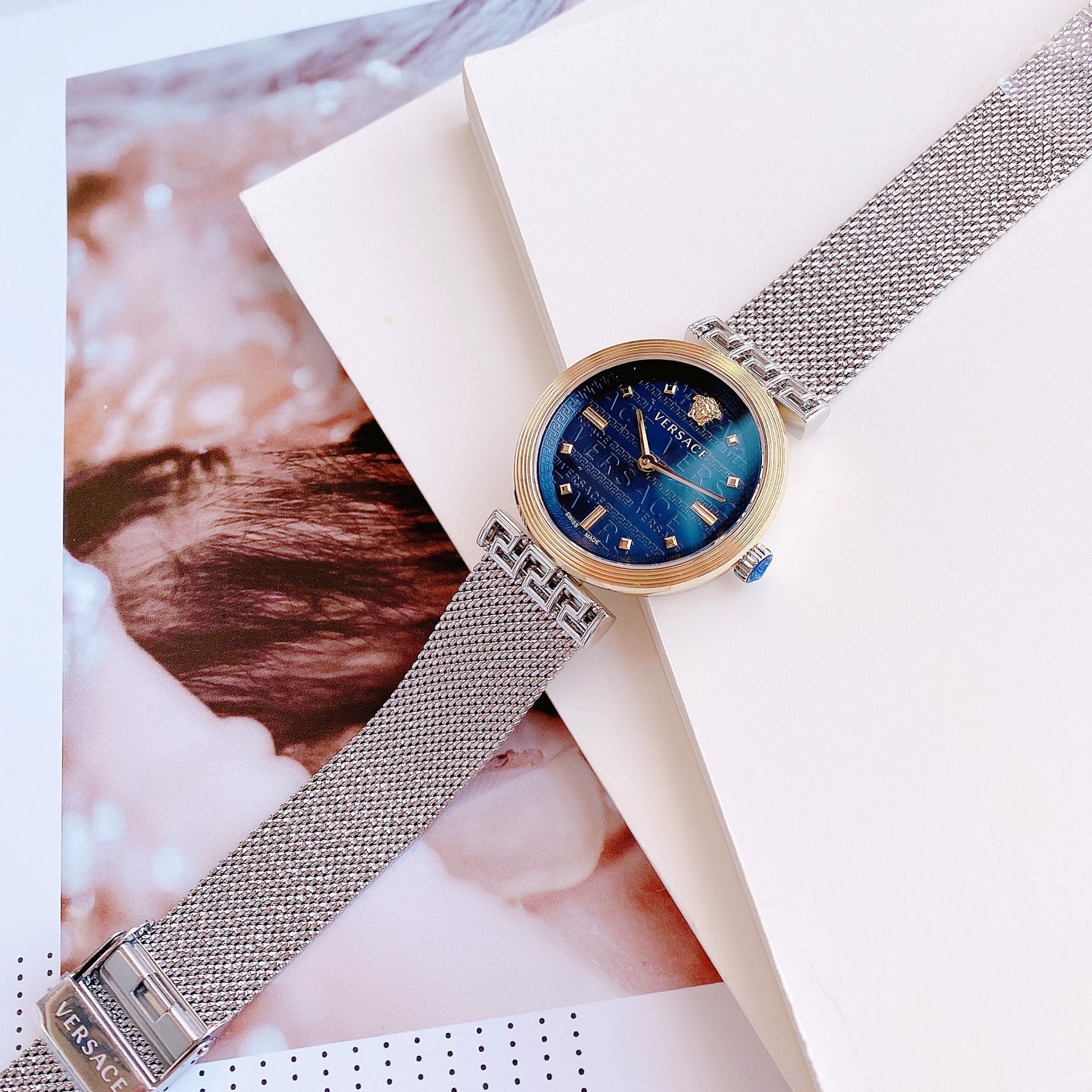 Versace Meander Blue Dial Silver Mesh Bracelet Watch for Women - VELW00520