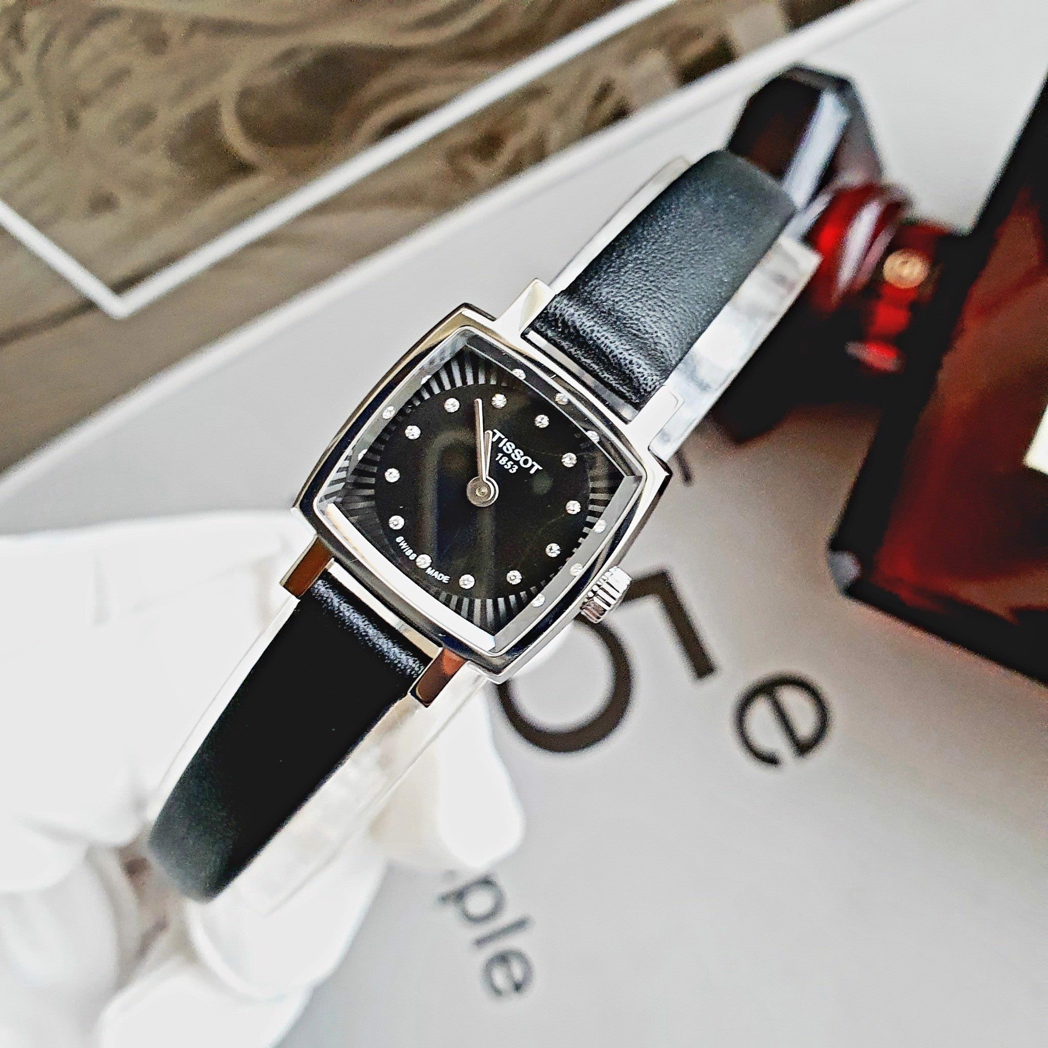 Tissot Lovely Square Quartz Diamonds Black Dial Black Leather Strap Watch For Women - T058.109.16.056.00