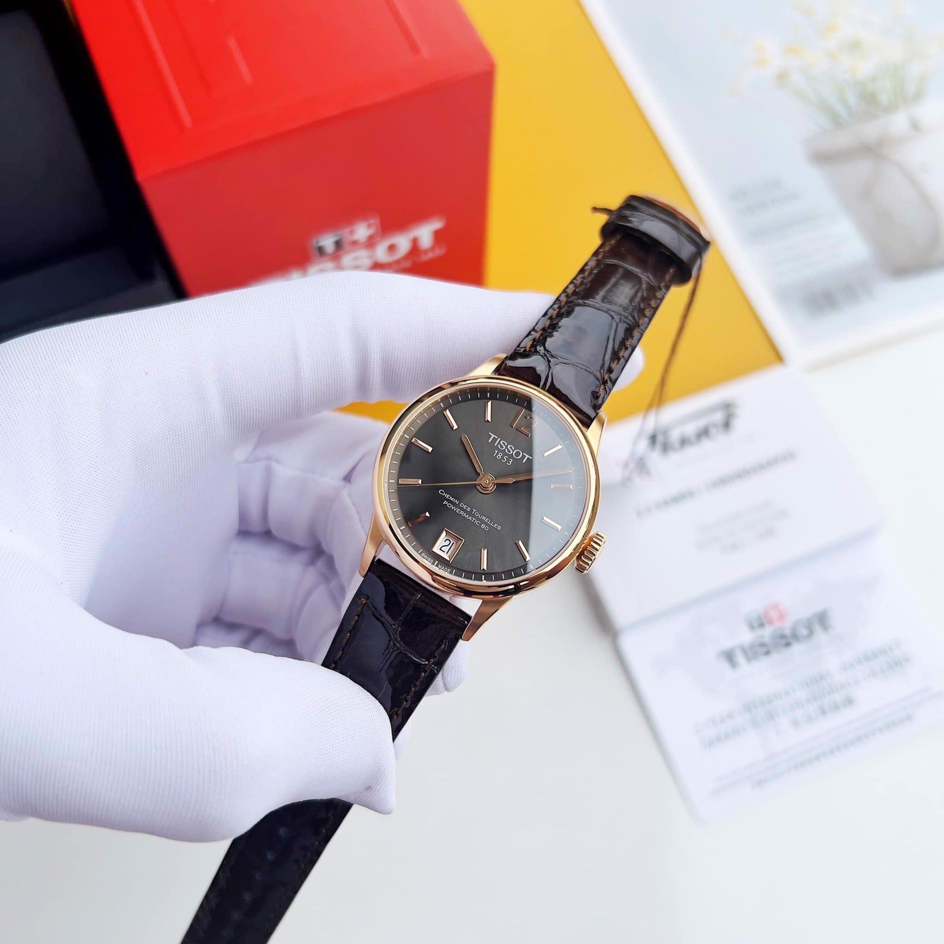 Tissot Chemin Des Tourelles Powermatic 80 Lady Brown Dial Brown Leather Strap Watch For Women - T099.207.36.447.00