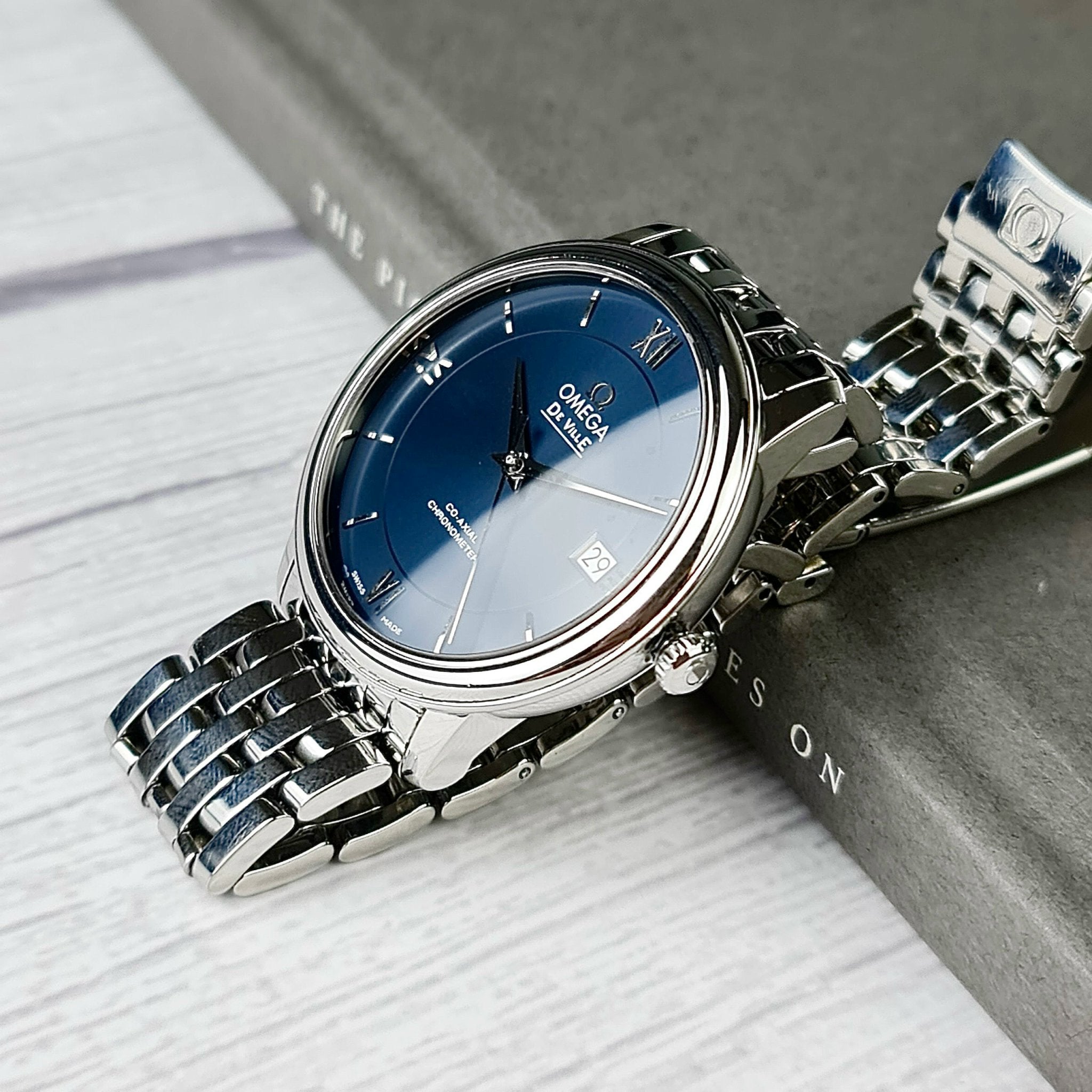 Omega De Ville Prestige Co-Axial Orbis Blue Dial Silver Steel Strap Watch for Men - 424.10.40.20.03.001