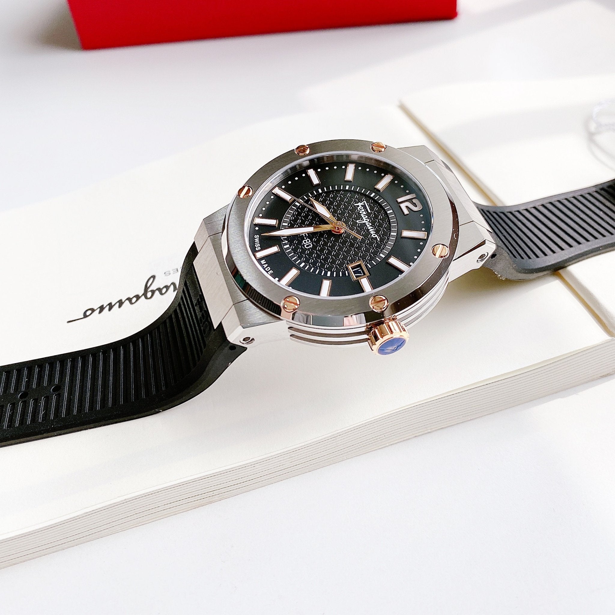 Salvatore Ferragamo F-80 Black Dial Black Rubber Strap Watch For Men - SFHY00120