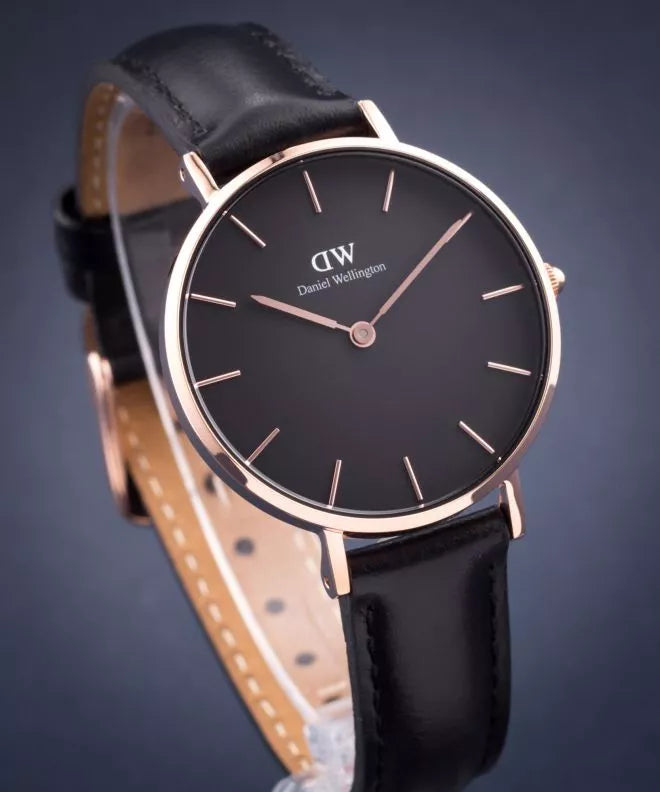 Daniel Wellington Petite Sheffield Black Dial Black Leather Strap Watch For Women - DW00100168