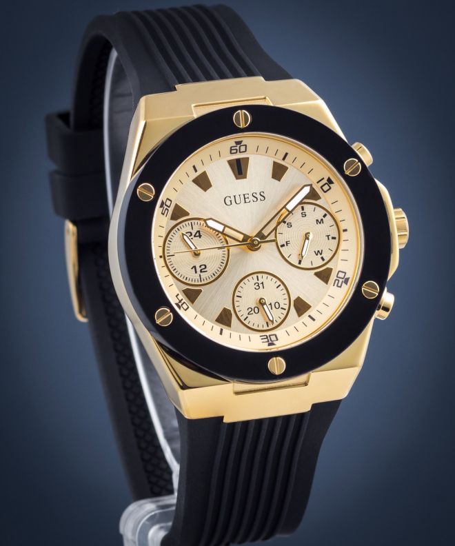 Guess Athena Gold Dial Black Rubber Strap Watch For Women - GW0030L2