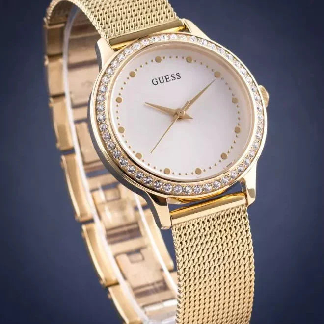 Guess Chelsea Crystals Mother of Pearl White Dial Gold Mesh Bracelet Watch For Women - W0647L7