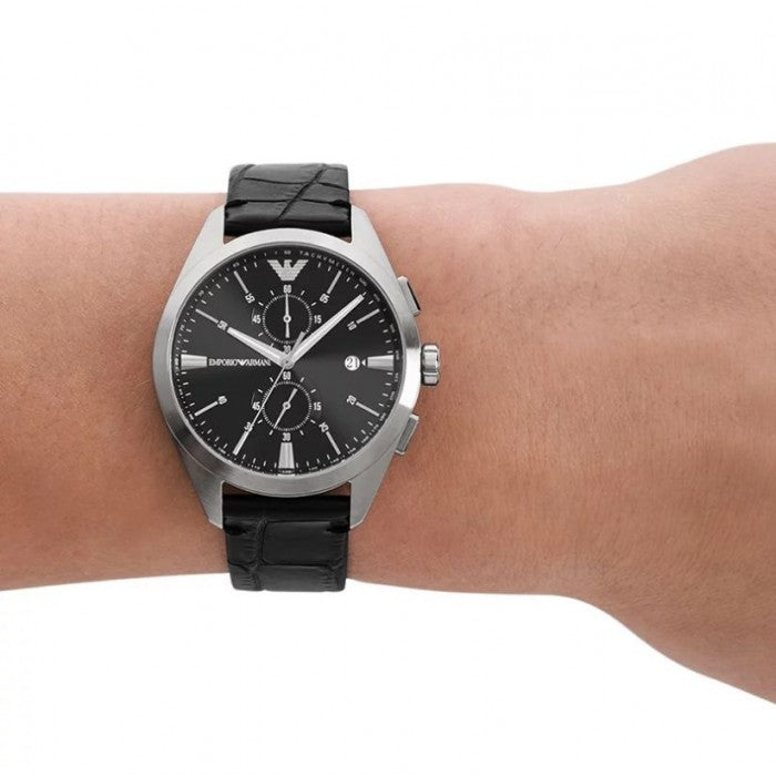 Emporio Armani Claudio Chronograph Black Dial Black Leather Strap Watch For Men - AR11542