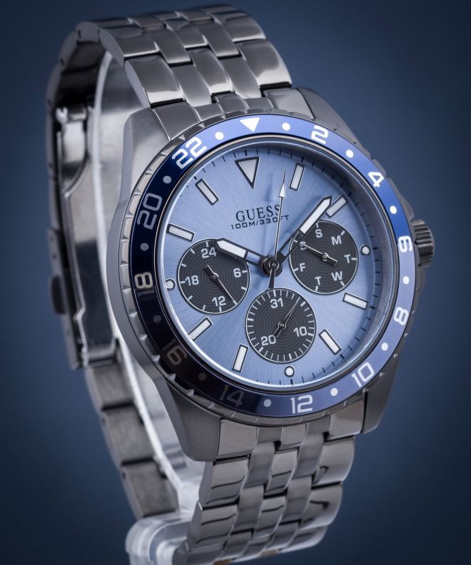 Guess Odyssey Quartz Blue Dial Gunmetal Steel Strap Watch For Men - W1107G5
