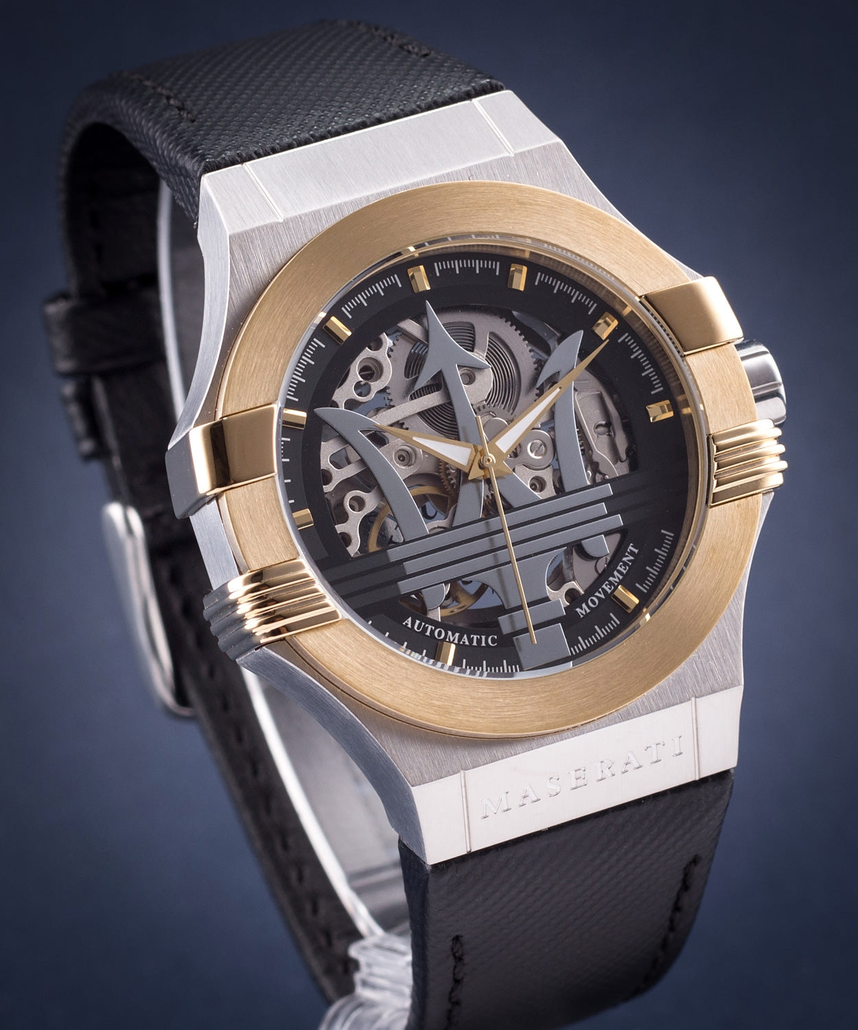 Maserati Potenza Automatic Skeleton Dial Black Leather Strap Watch For Men - R8821108011
